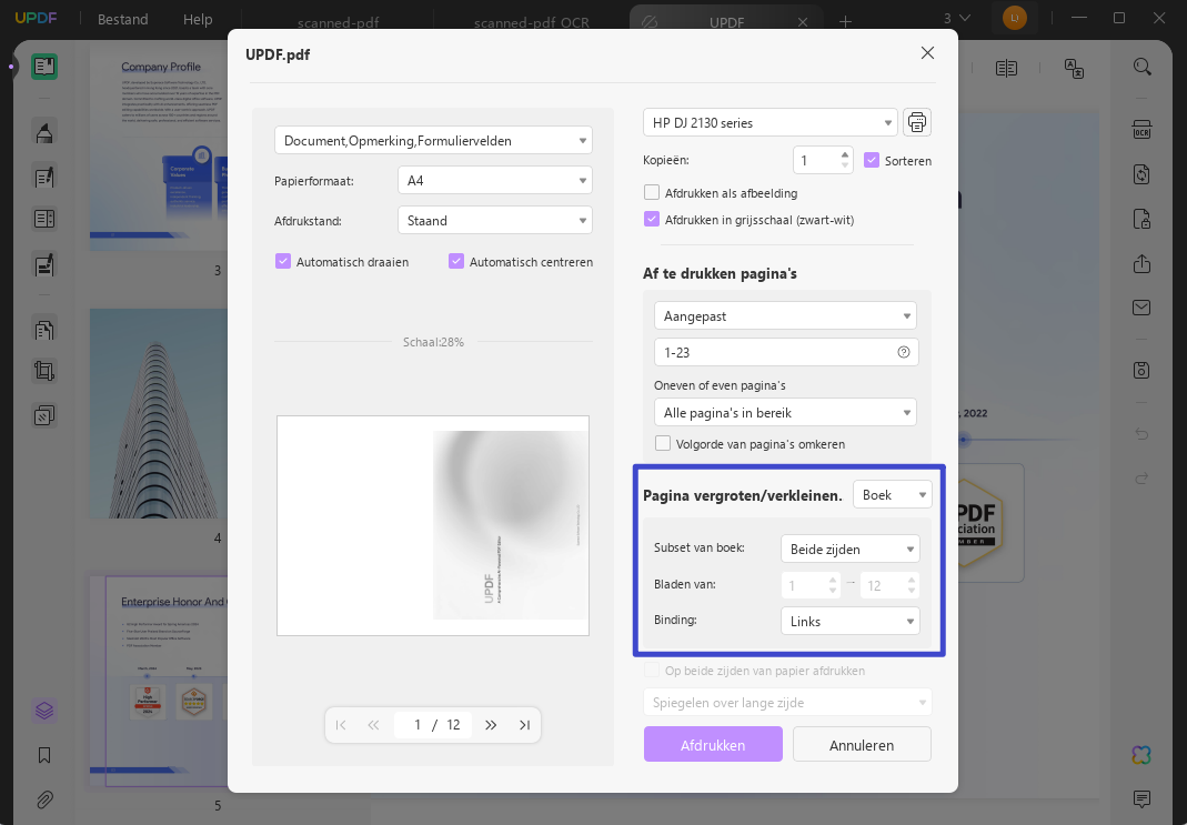 Open print settings to print pdf as booklet