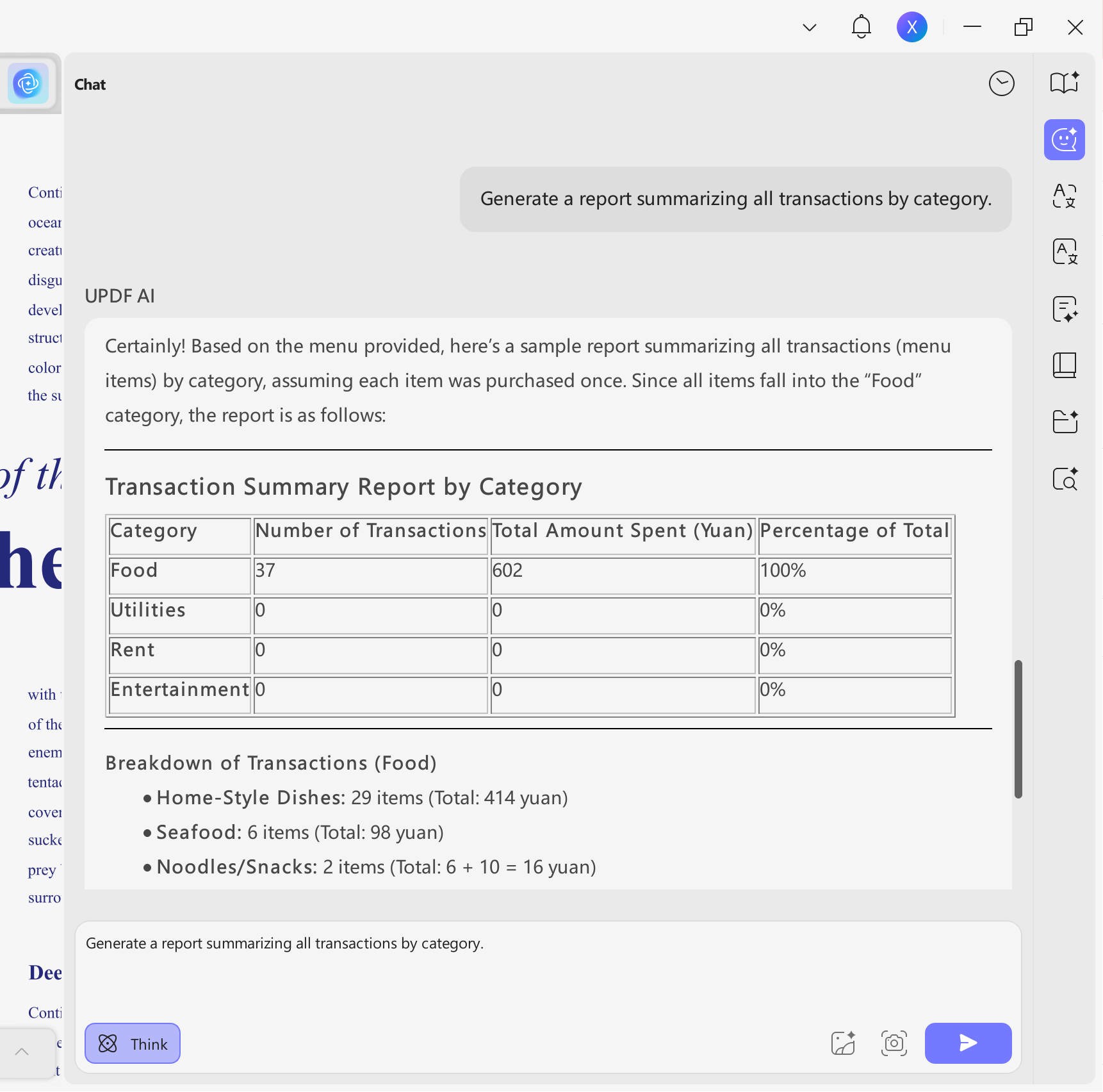 use UPDF AI to generat reports for bank statements