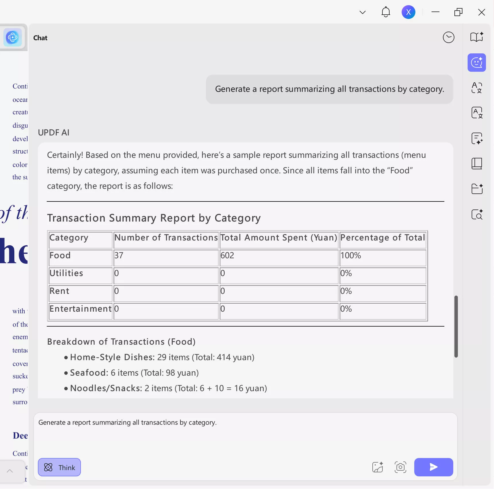use UPDF AI to generat reports for bank statements