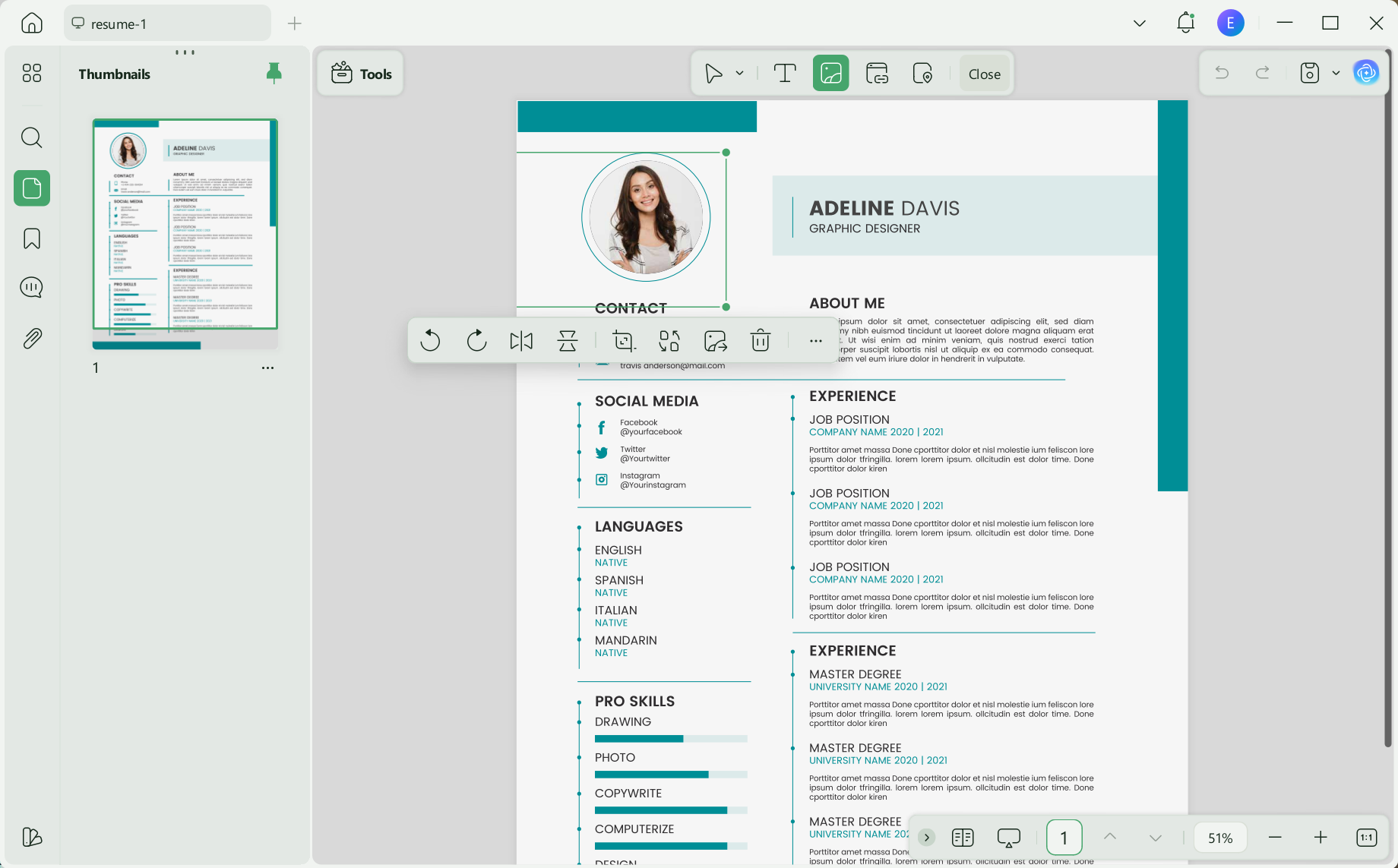 adjust image size on resume file updf windows