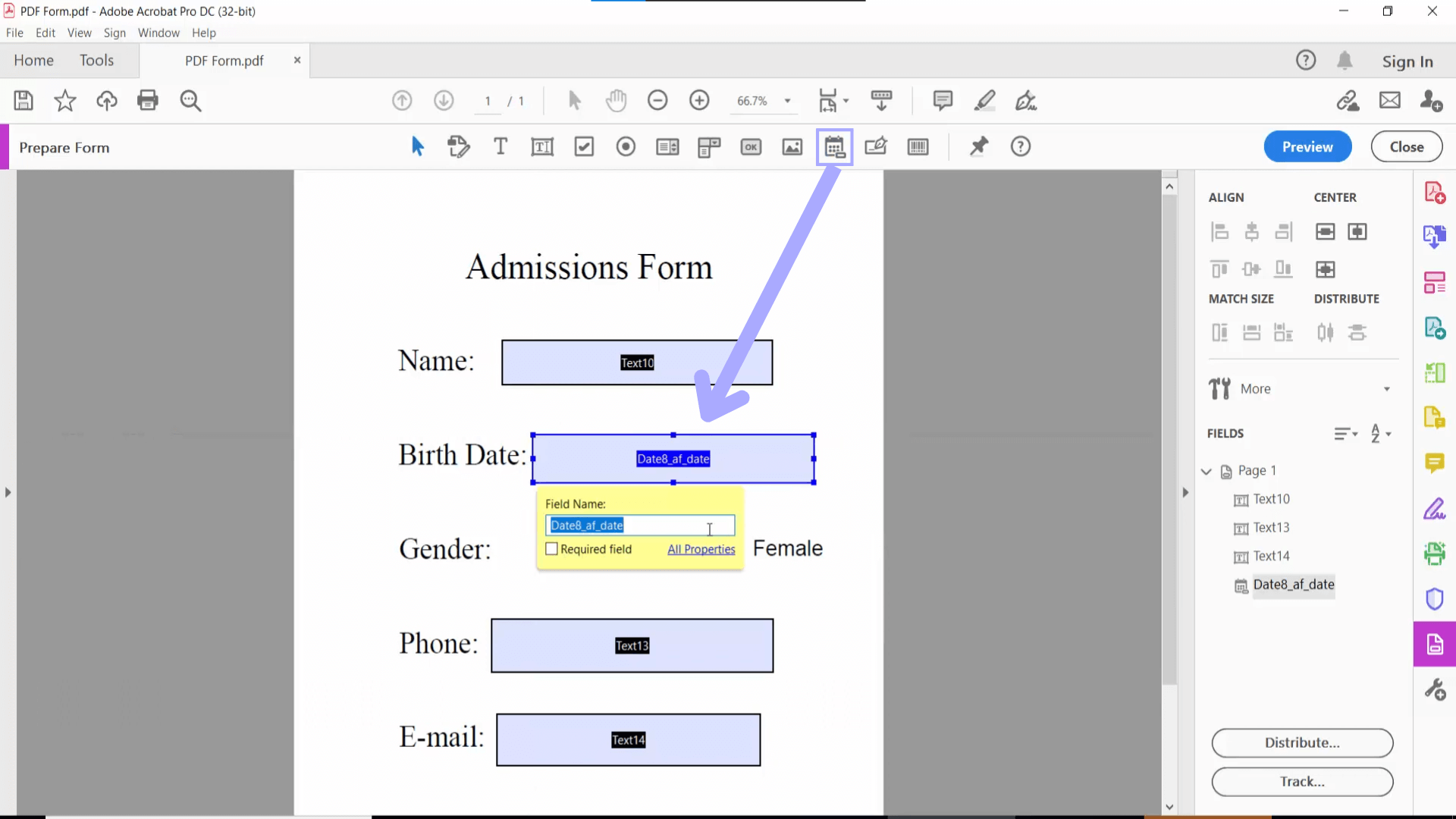 select date field acrobat