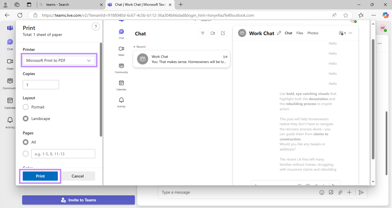 select the printer and click print for teams chat browser
