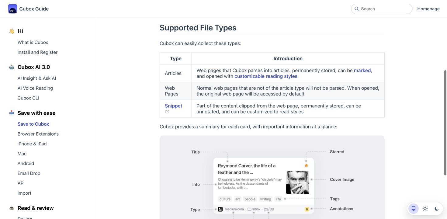 Cubox supported content types: articles, web pages, and snippets