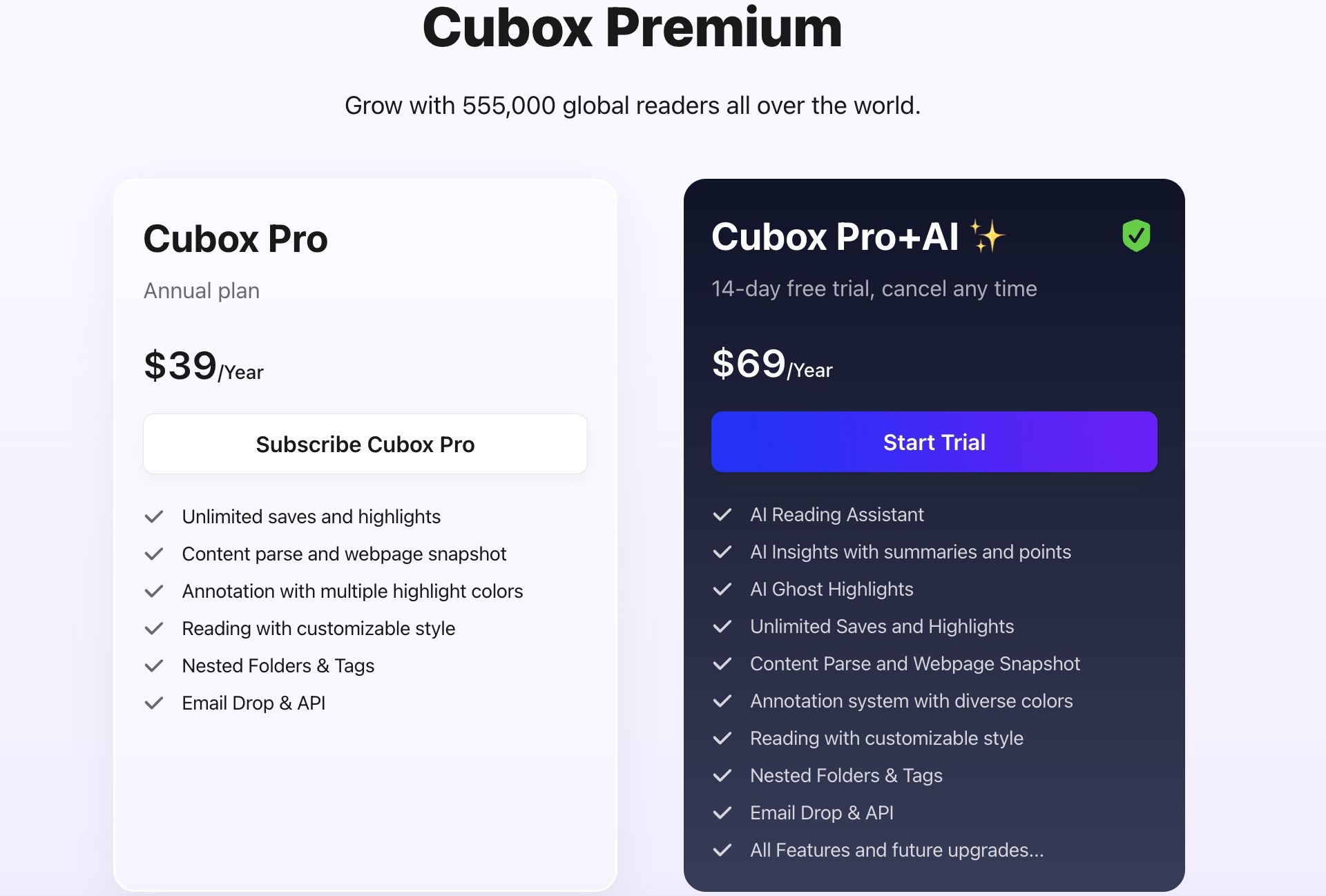 Cubox Pro and Pro+AI annual pricing