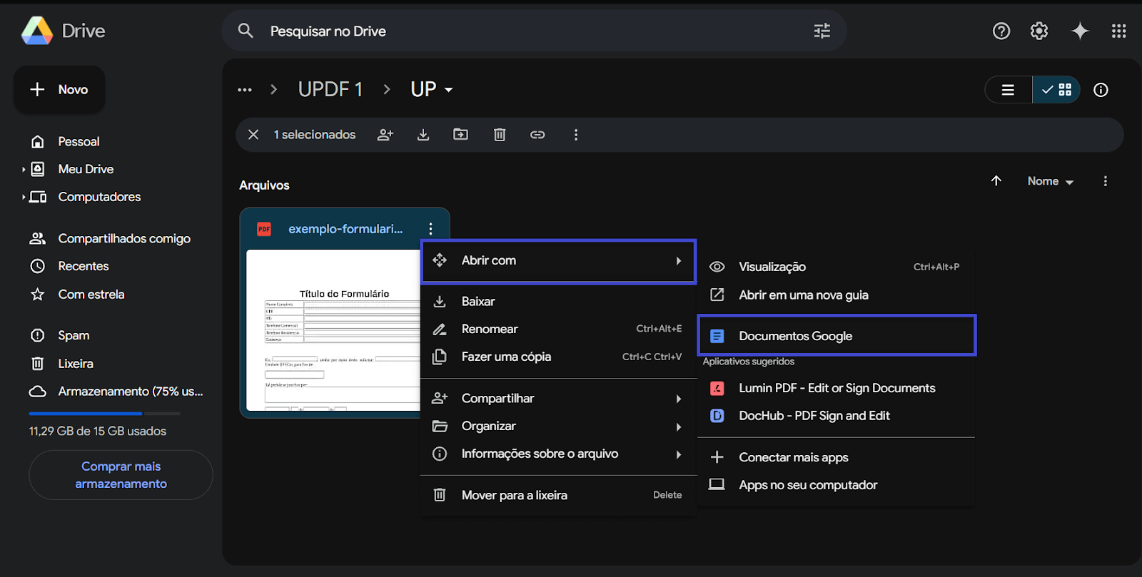 vá para "abrir com" e clique em "google docs"