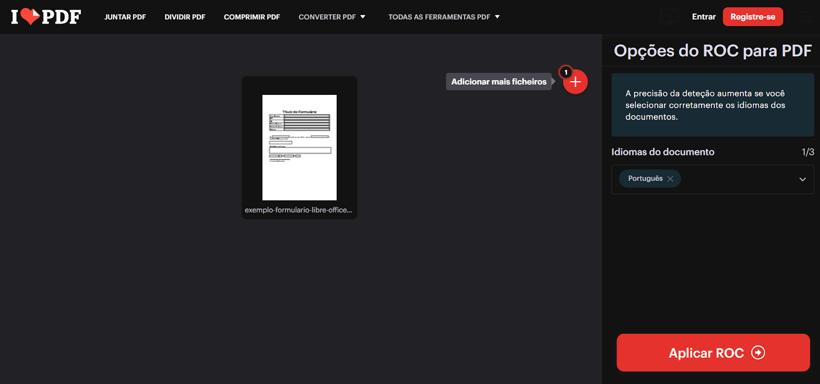 aplicar ocr em ilovepdf