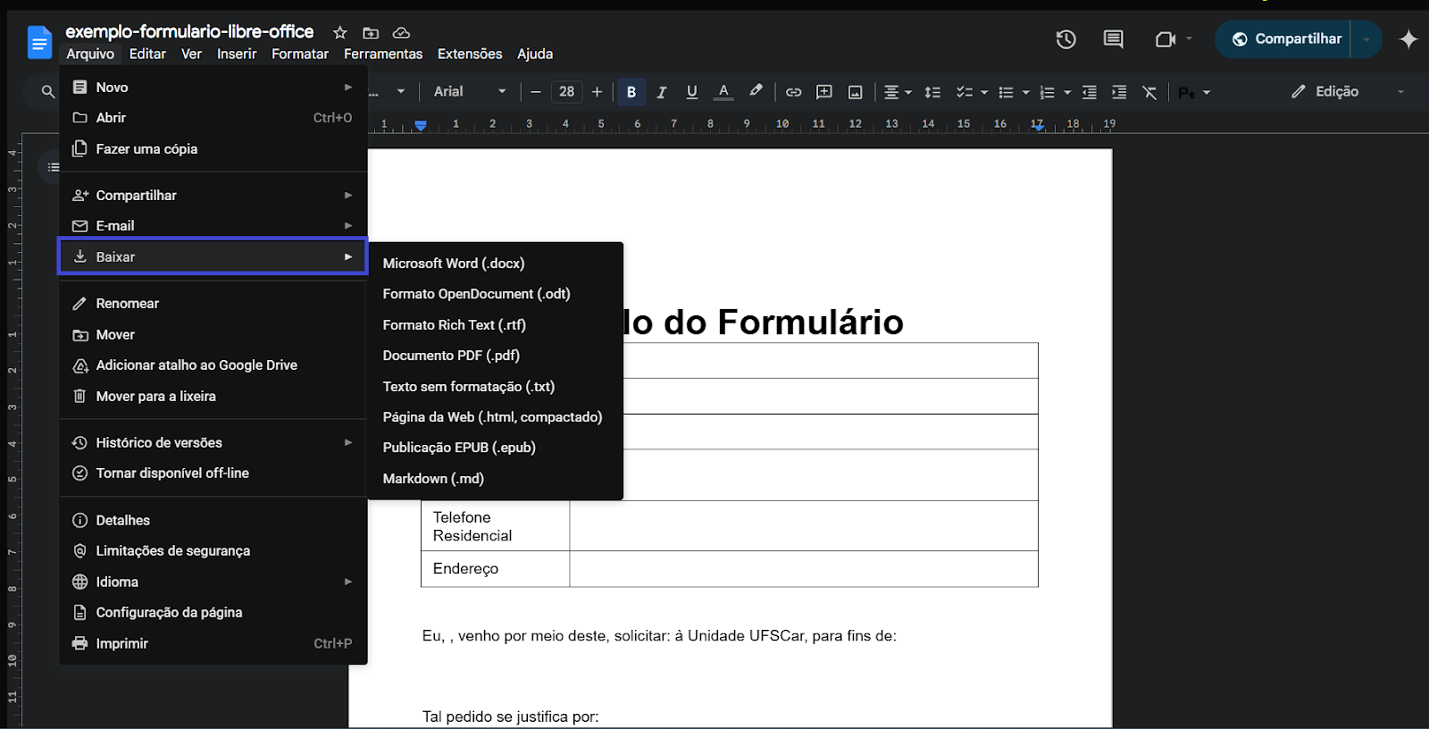 você pode clicar em "arquivo" > "download" > "pdf" 