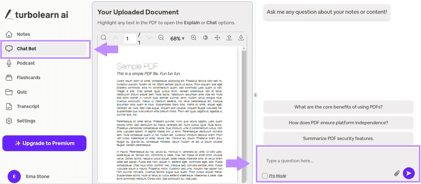 chat met het geüploade document turbolearn ai