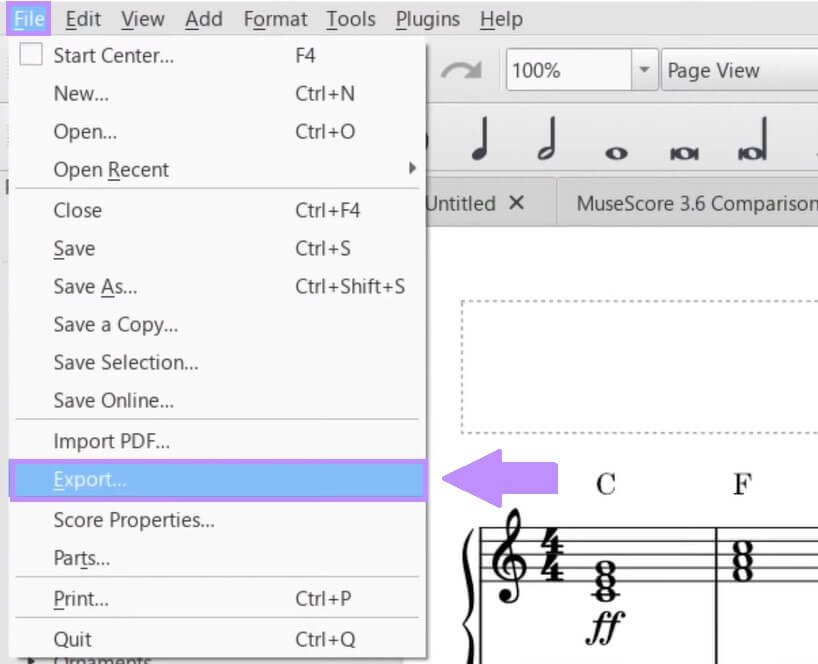 Klicken Sie auf Datei und exportieren Sie Musescore