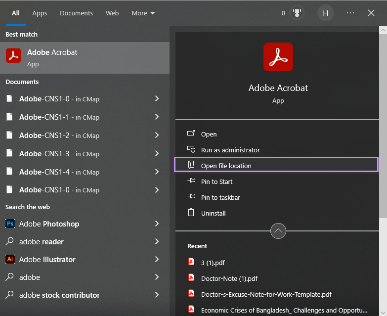 Klicken Sie auf „Dateispeicherort öffnen“ für Acrobat.