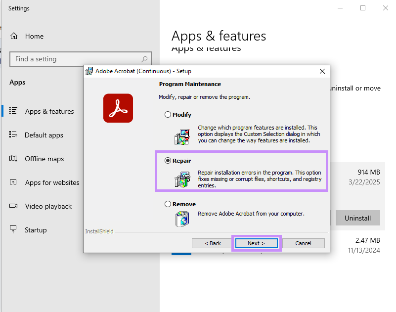 Klicken Sie auf Reparieren und fahren Sie mit Windows für Acrobat fort