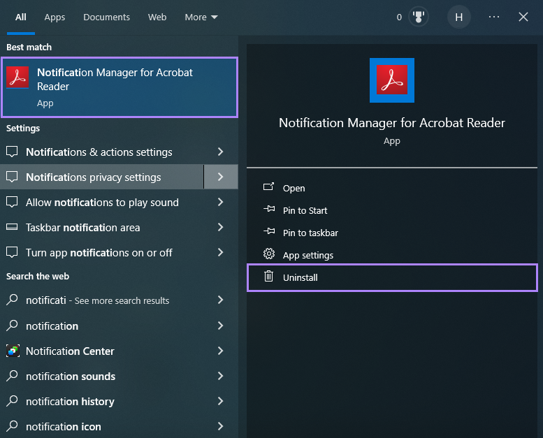 Klicken Sie auf Benachrichtigungsmanager für Acrobat deinstallieren