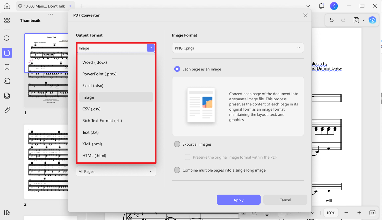 convert the pdf sheet music