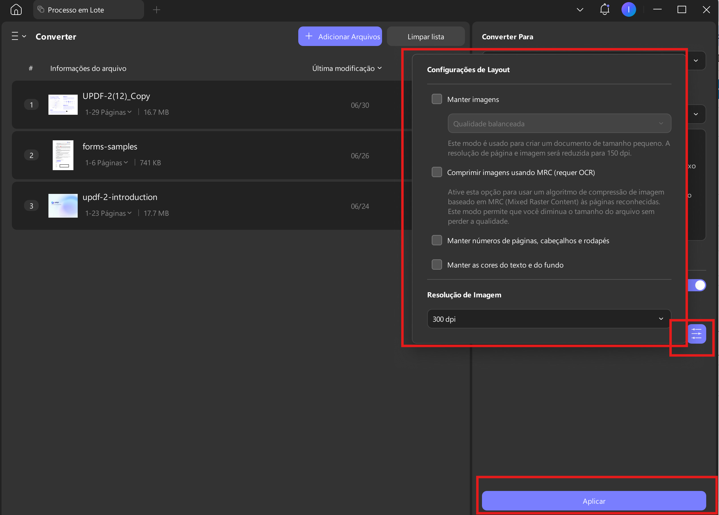 altere as configurações de layout e clique em "aplicar".