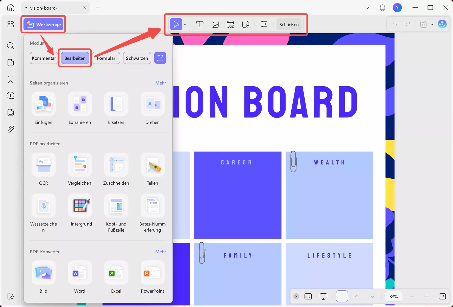 Vision Board-Vorlage bearbeiten