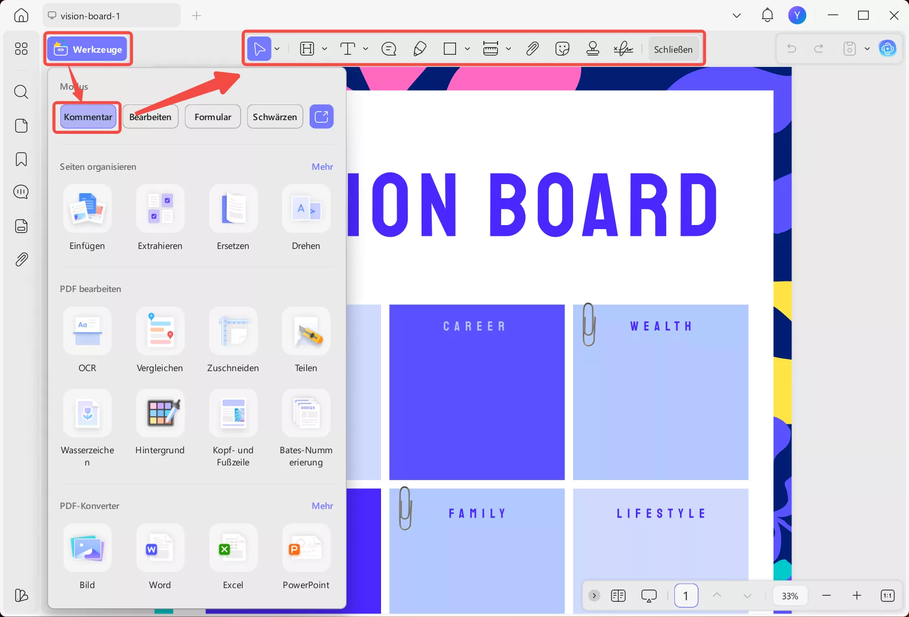Vision Board-Vorlage mit Anmerkungen