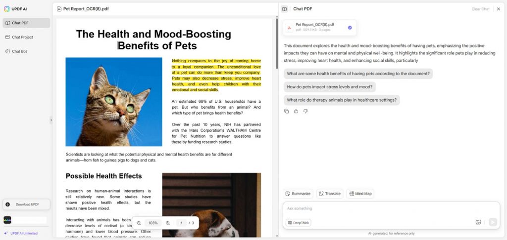 summarize pdf content with updf ai