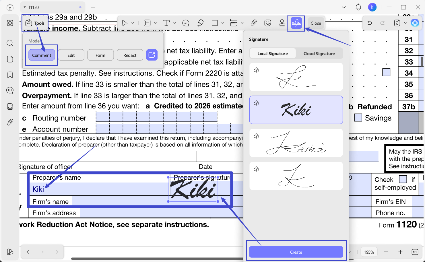 fill and sign form 1120 on updf pc