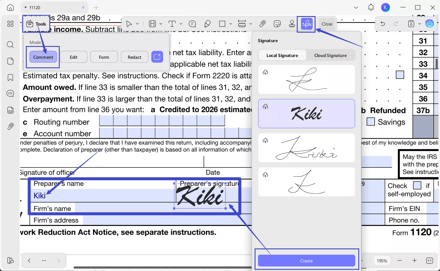 fill and sign form 1120 on updf pc