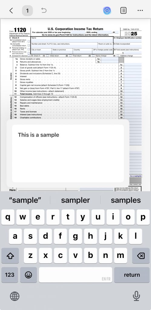 fill form 1120 on updf mobile