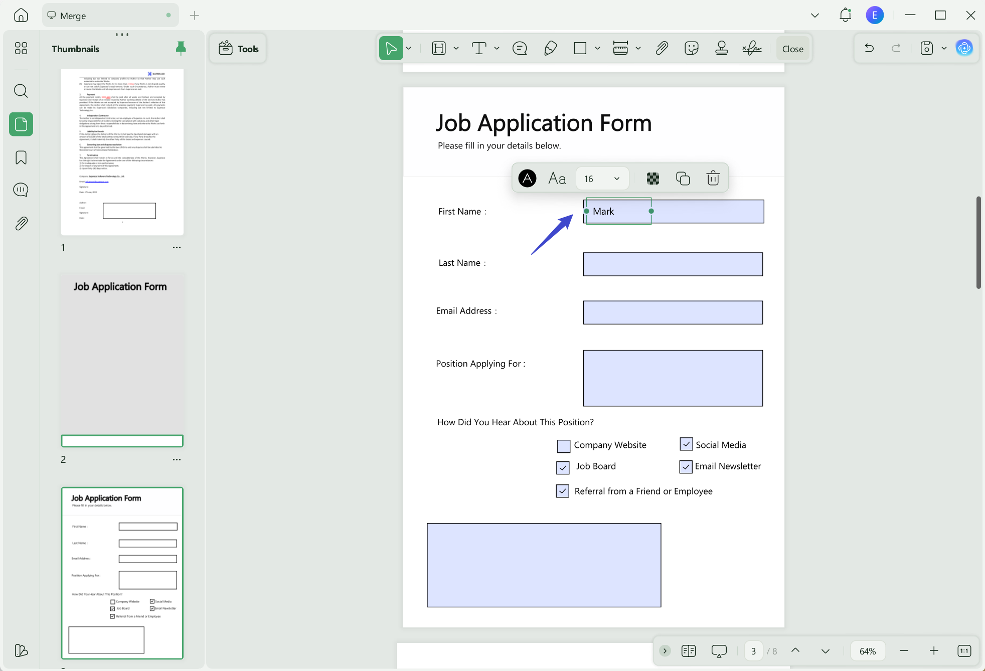 click on boxes to fill form