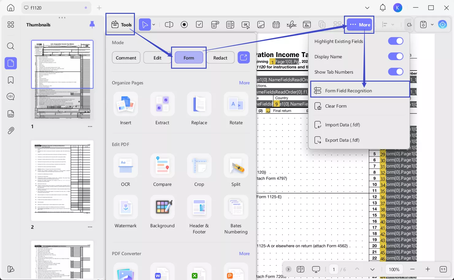form field recognition form 1120