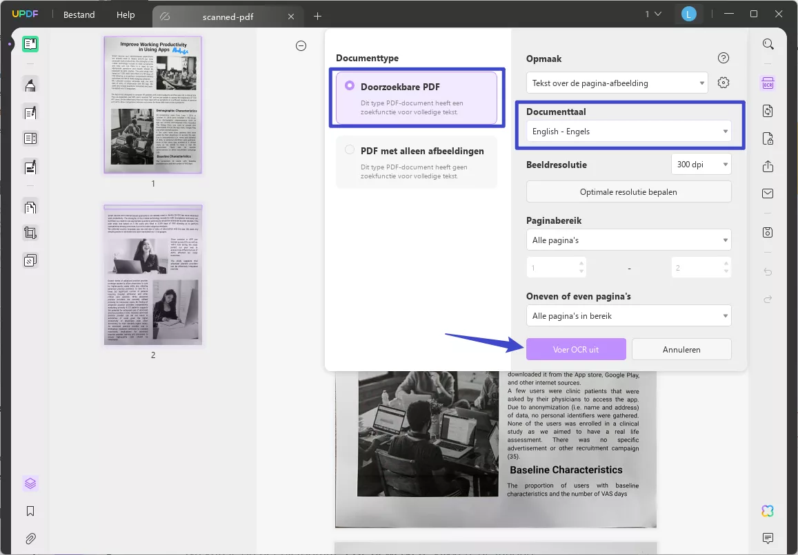 Select English to perform OCR with UPDF on Windows