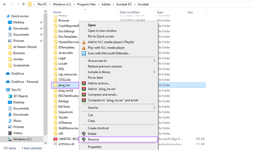 Benennen Sie die Datei „plug_ins“ in „acrobat“ um.