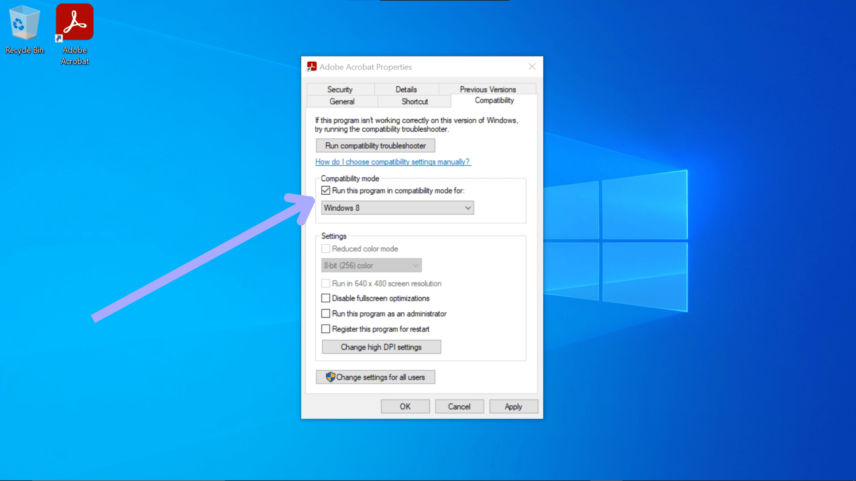 Win 8 Kompatibilitätsmodus für Acrobat ausführen