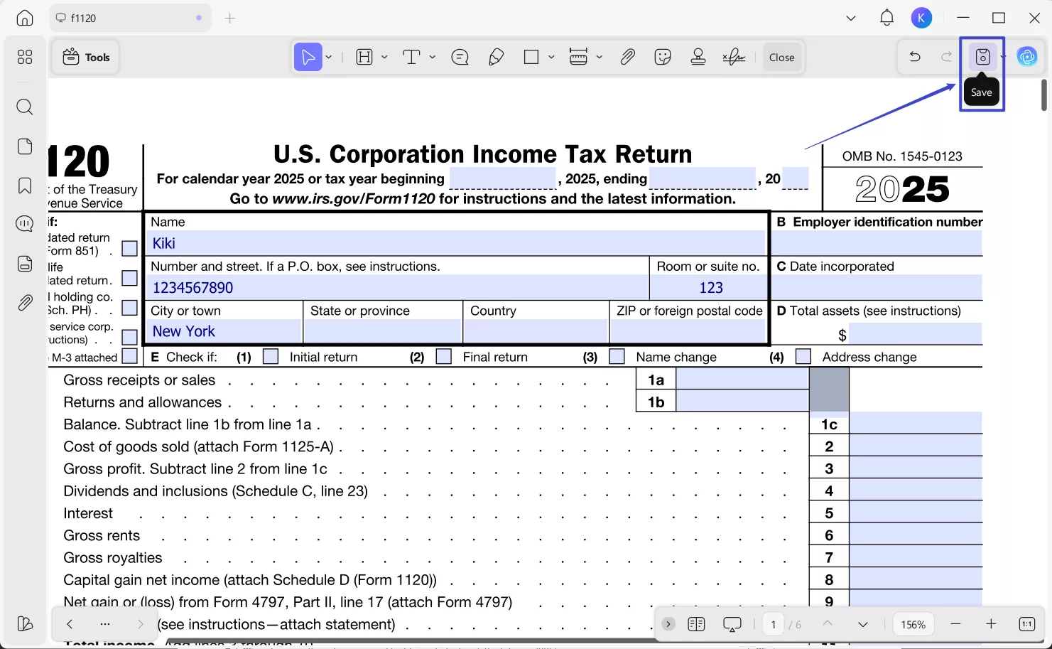 save the final form 1120