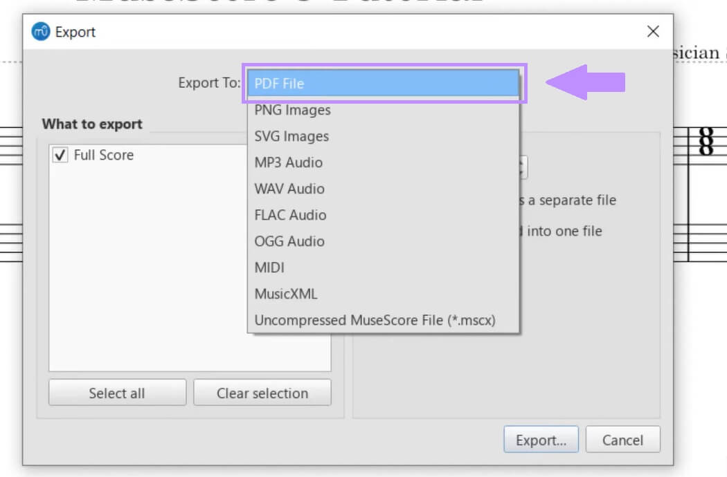 Wählen Sie PDF aus der Dropdown-Liste Musescore