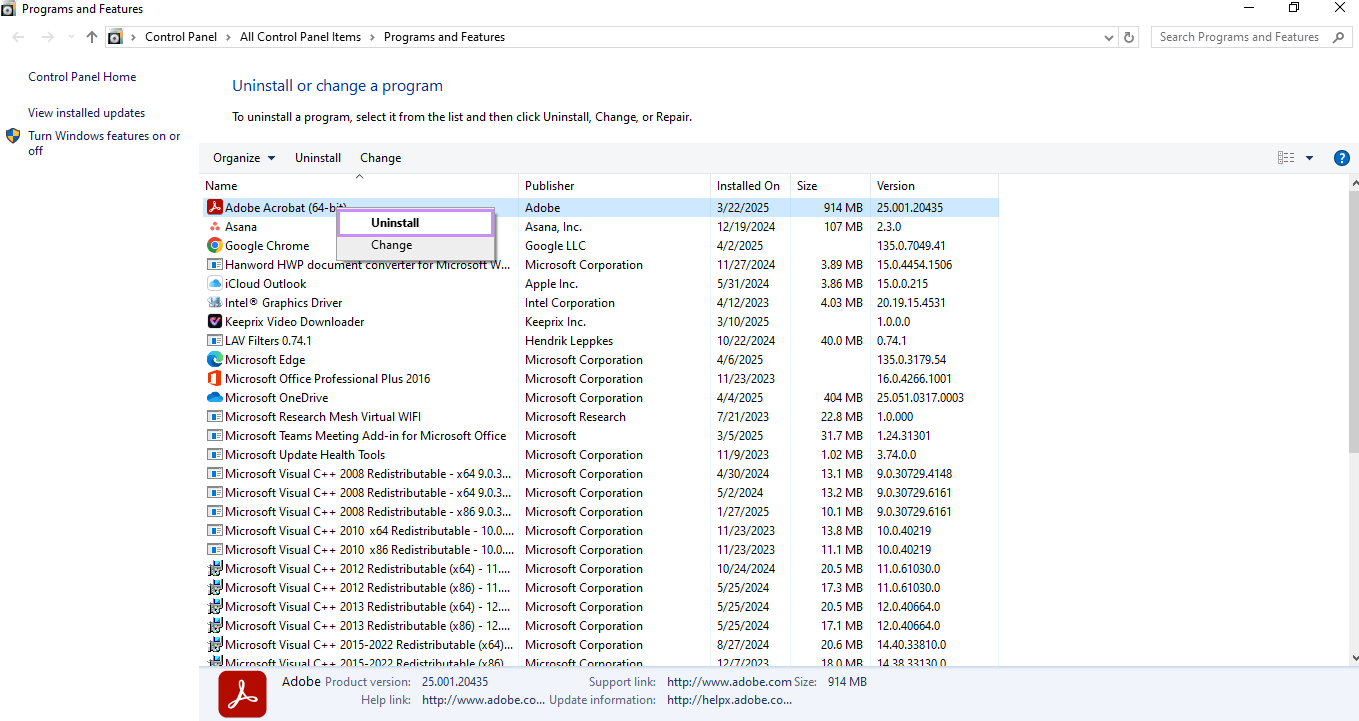 Hapus instalan adobe acrobat