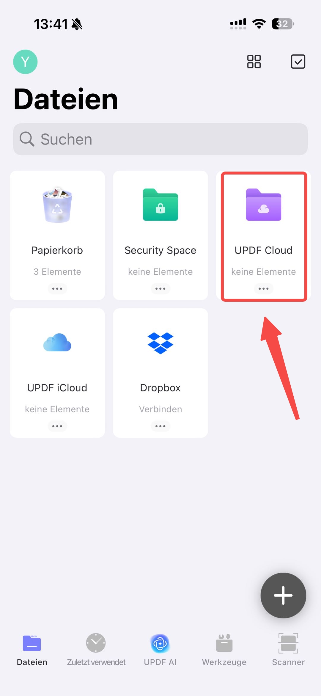 Tippen Sie auf die Option updf cloud in updf