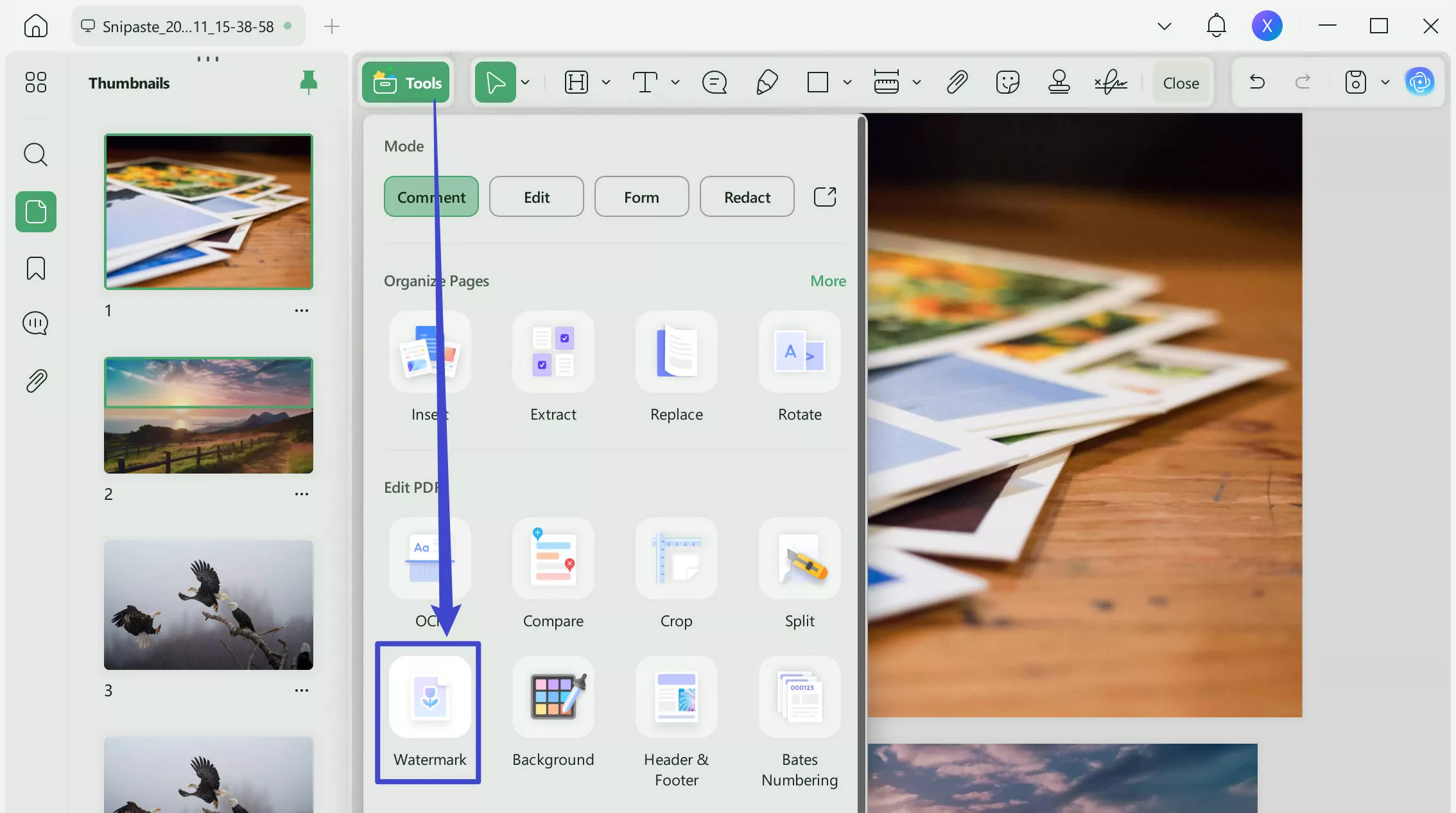 import pdf and navigate watermark section