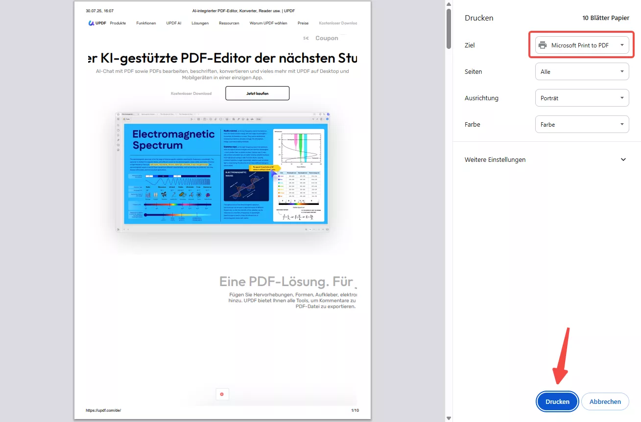 wählen "Microsoft Print to PDF" und klicken auf "Drucken"