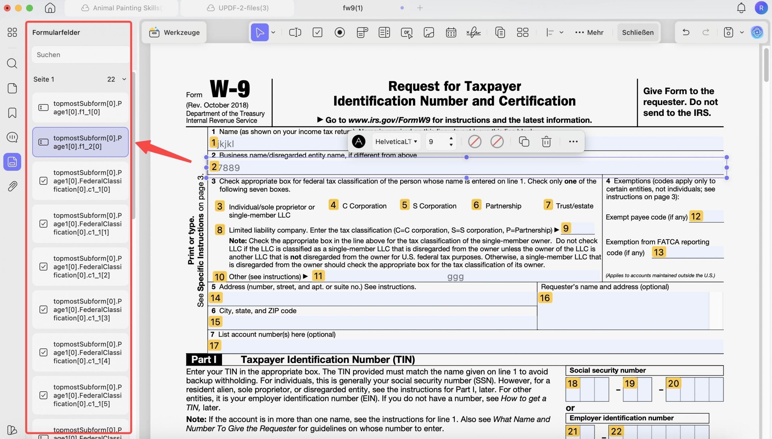 Formularliste mit Funktionen UPDF Mac 2