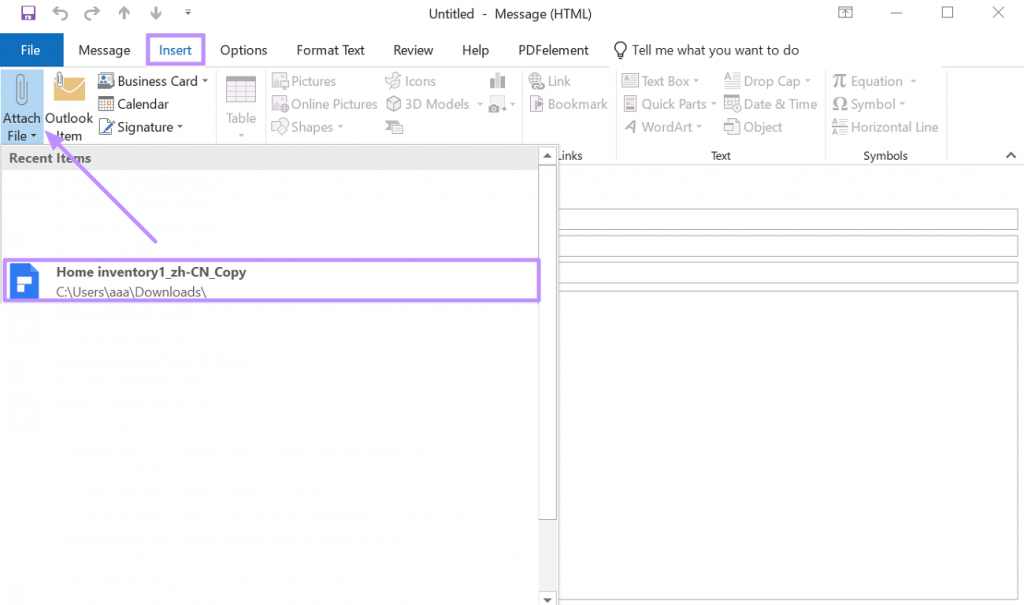 attach file through insert tab 