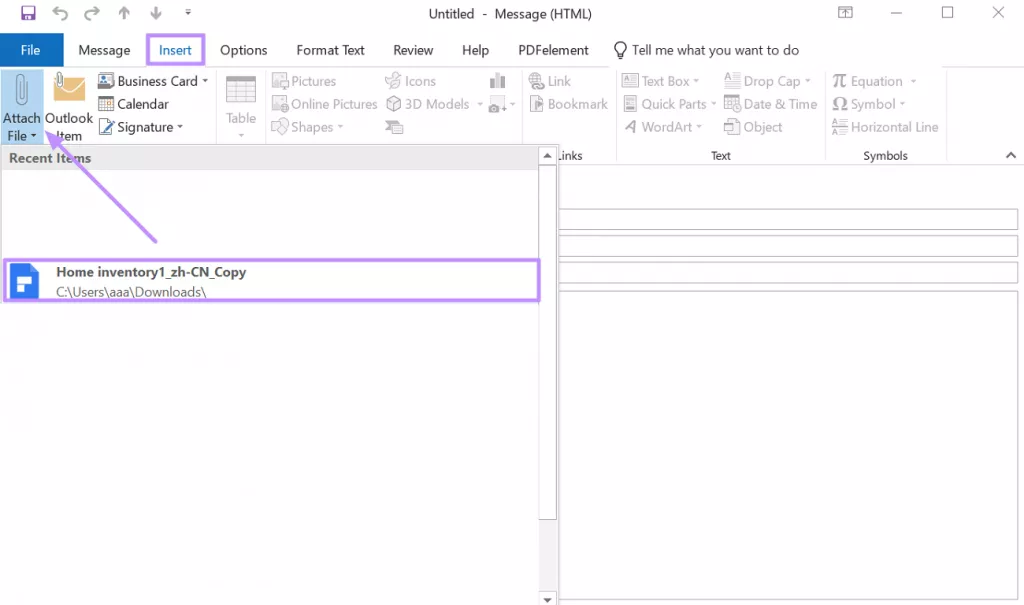 attach file through insert tab