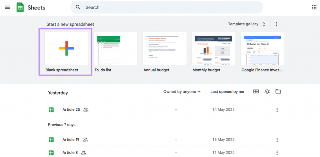 create a new blank spreadsheet