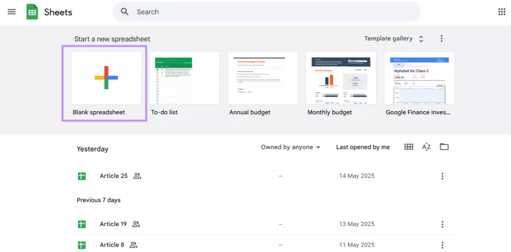 create a new blank spreadsheet