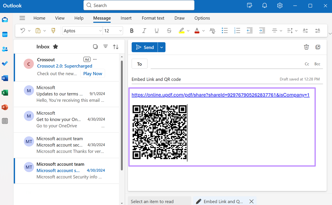 paste link and qr code to email 