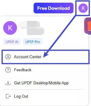 click account center in updf website