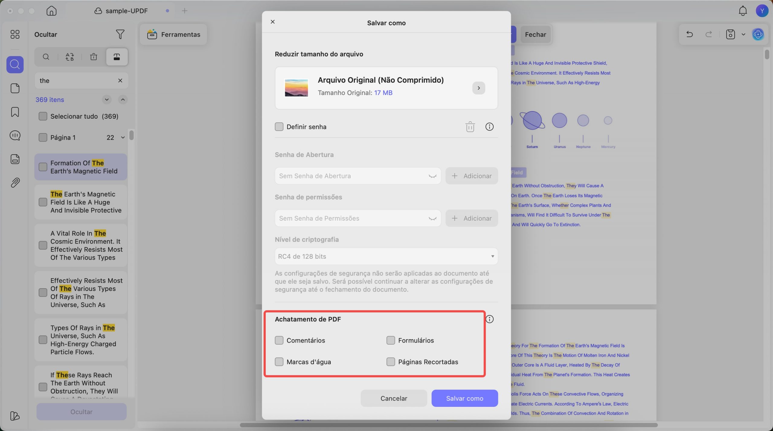 definir configurações de achatamento no updf mac