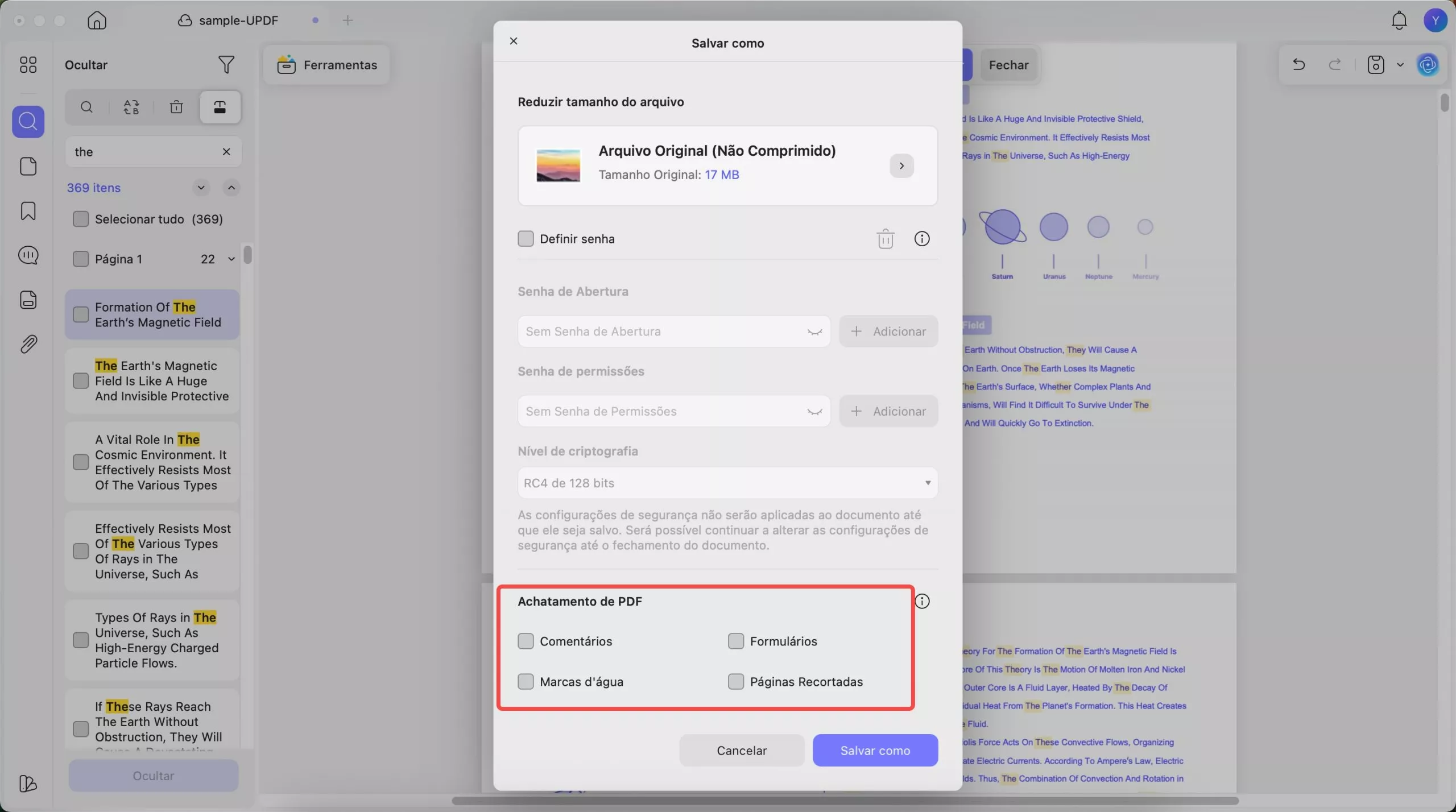 definir configurações de achatamento no updf mac