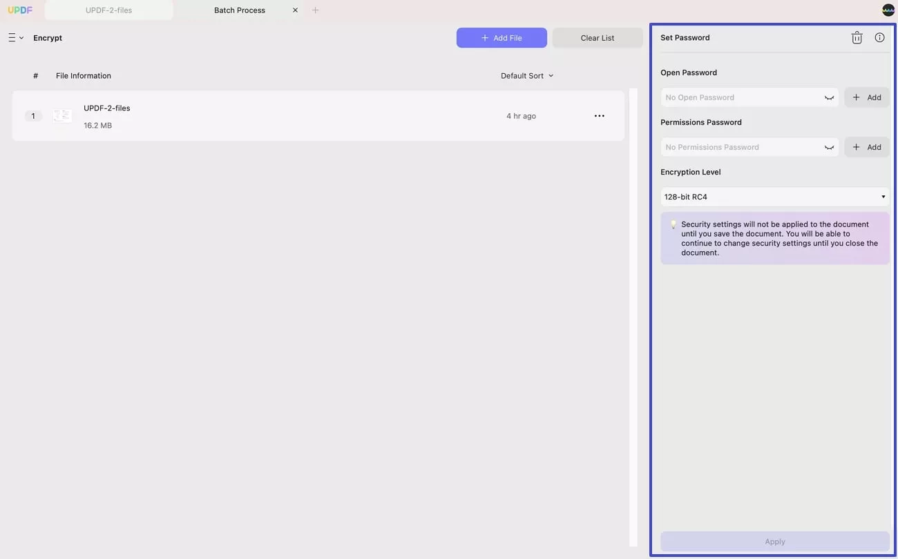přidat soubory pro dávkové šifrování updf mac