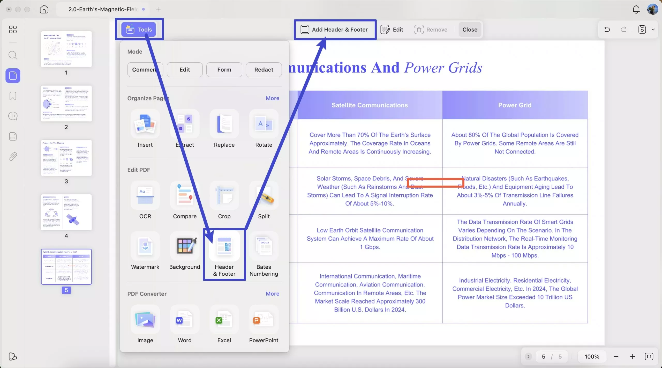 add header and footer from tools