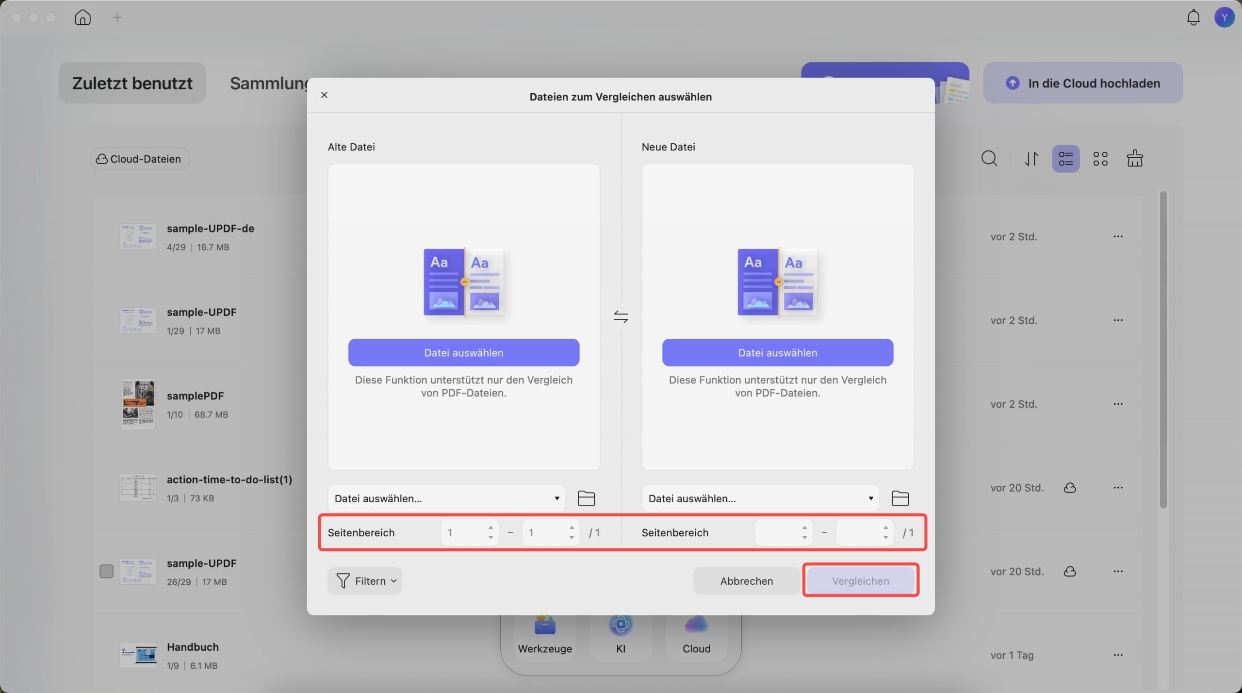 PDF-Dateien hinzufügen und mit dem Vergleich von Updf Mac fortfahren