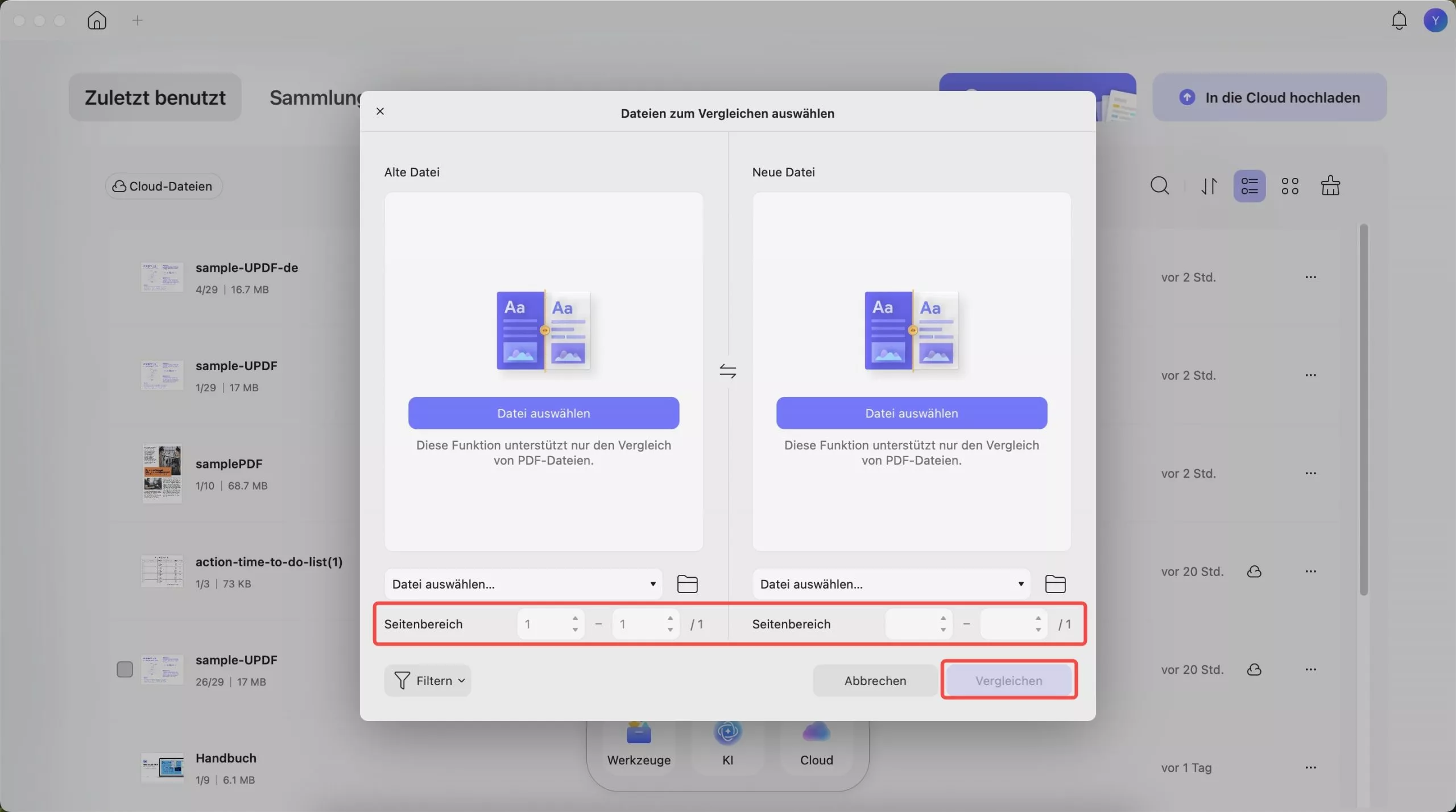 PDF-Dateien hinzufügen und mit dem Vergleich von Updf Mac fortfahren