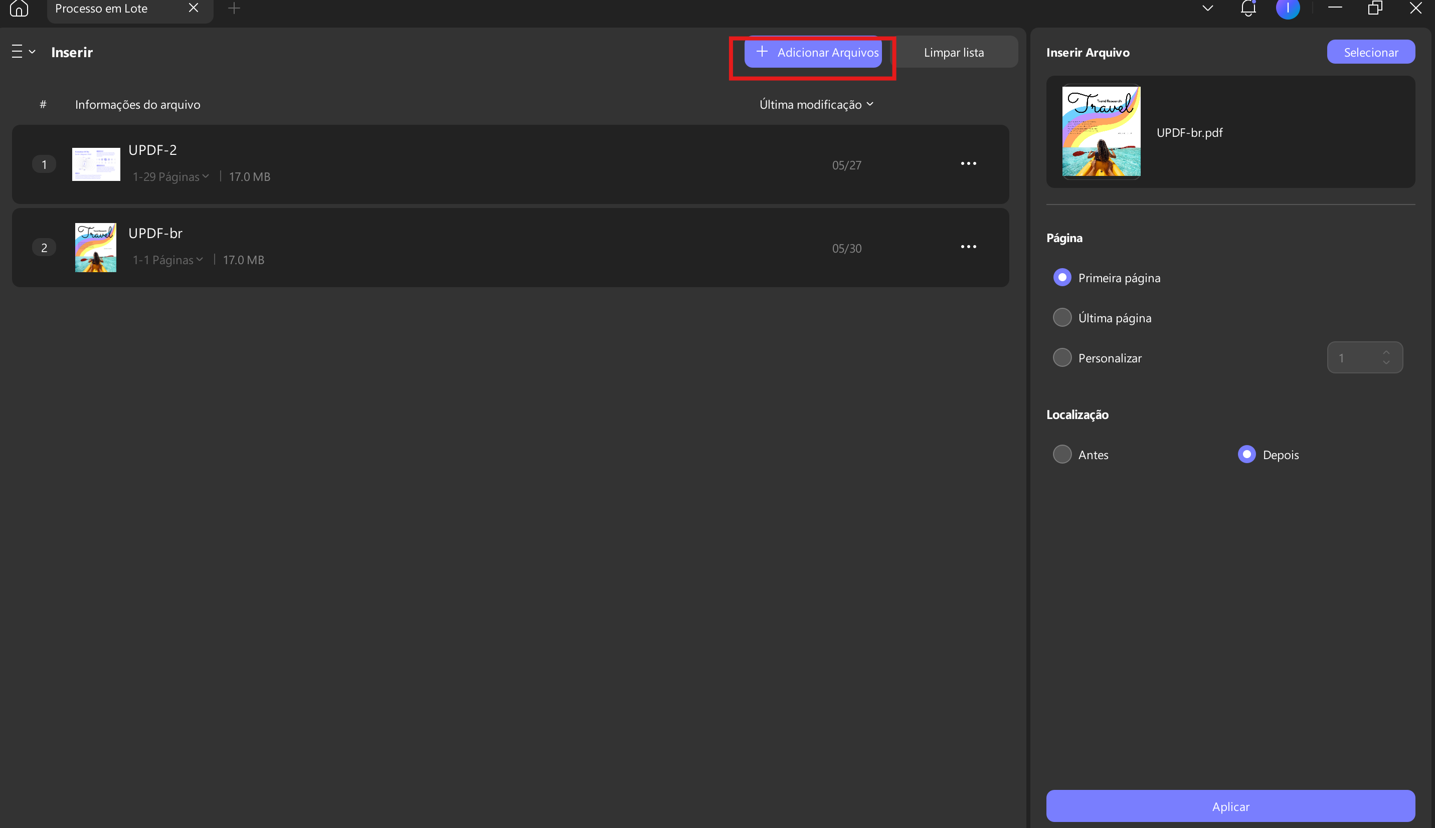clique no botão adicionar arquivos para inserir updf em lote no windows 