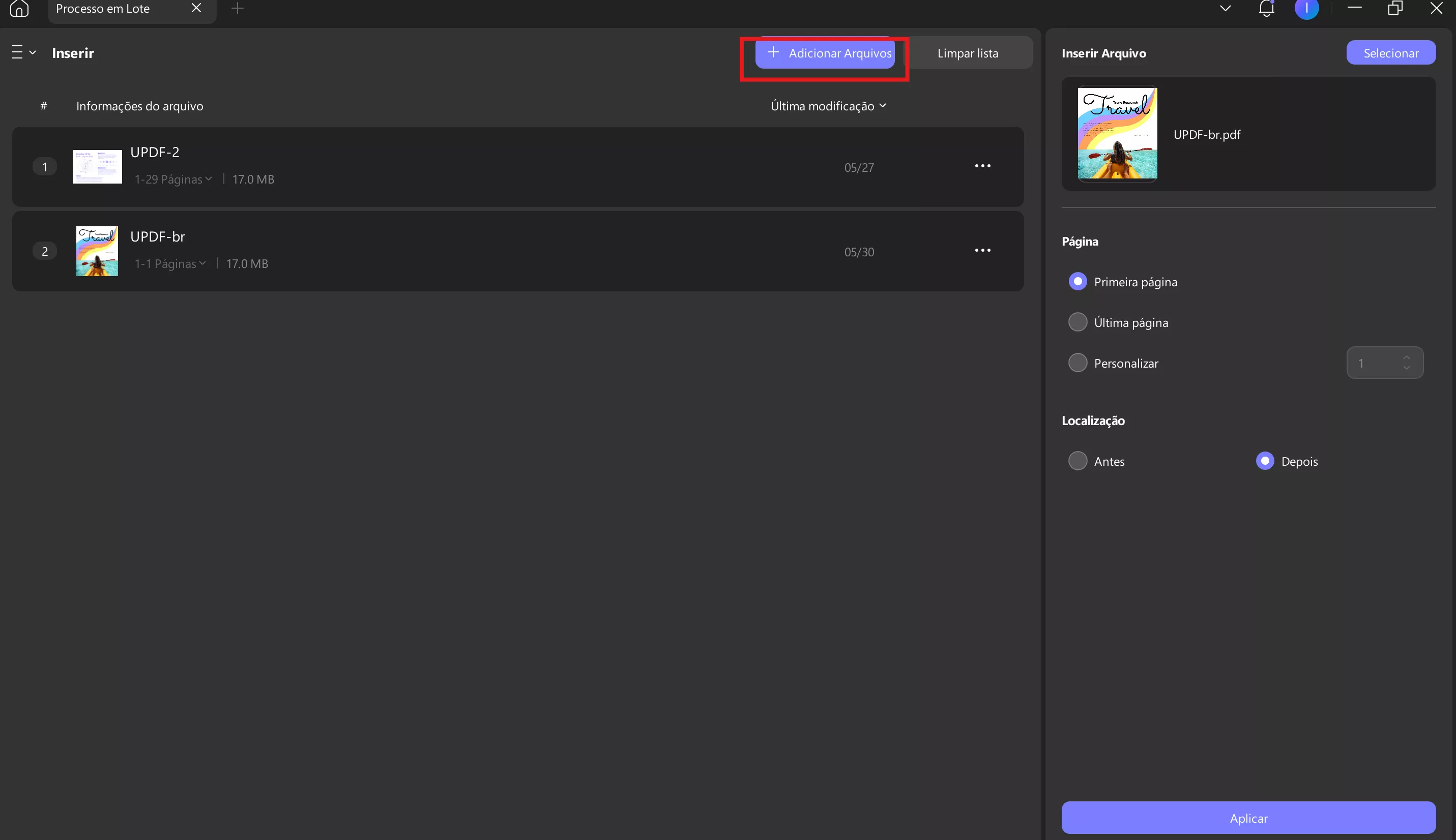 clique no botão adicionar arquivos para inserir updf em lote no windows